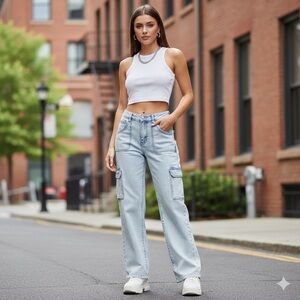 RE Generation Celebrity Pink Flared Cargo Denim Pants Sz 11/30 Trendy 2026 Style